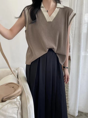 Polo V-neck Two Tone Oversize Knitted Top