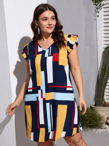 Ruffle Sleeve V-neck Geometric Pattern Plus Size Dress