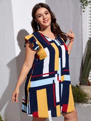 Ruffle Sleeve V-neck Geometric Pattern Plus Size Dress