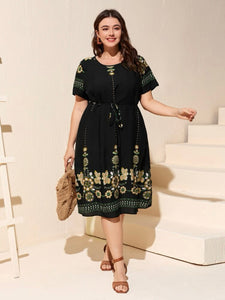 Self Waist String Vintage Floral Plus Size Dress