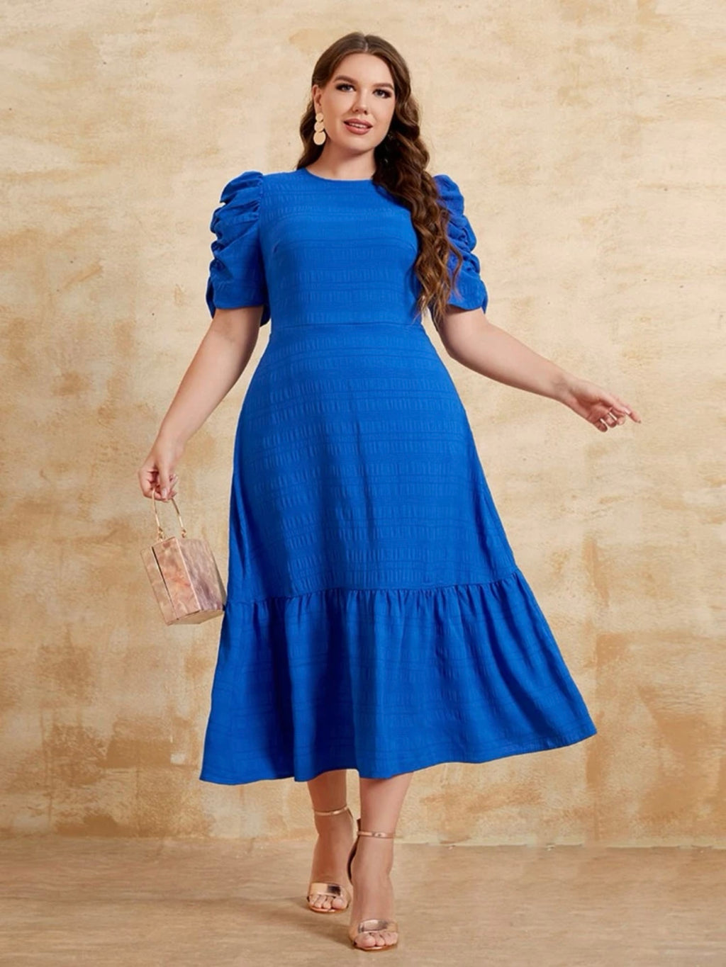 Ruched Puff Sleeve Ruffle Hem Plus Size Dress