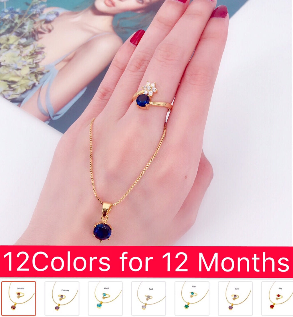 18K Gold Necklace & Ring Birthstone Set