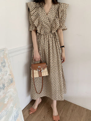 Ruffle V-neck Polka Dots Elastic Sleeve Dress