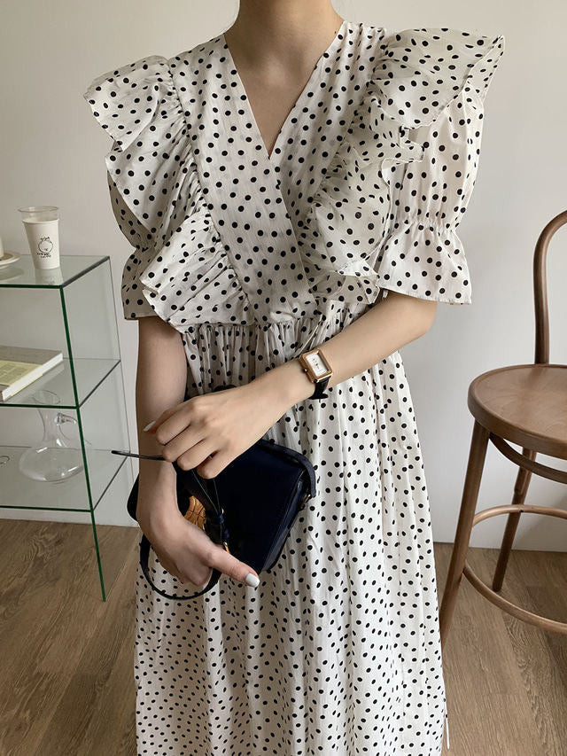 Ruffle V-neck Polka Dots Elastic Sleeve Dress