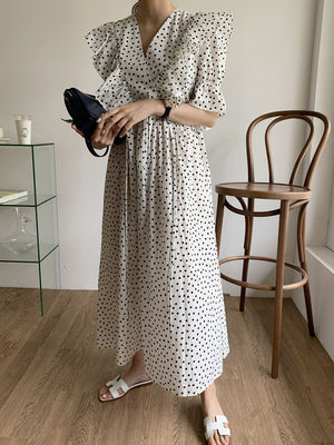 Ruffle V-neck Polka Dots Elastic Sleeve Dress