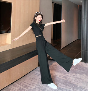 Terno square pants and blouse Two-Piece 2023 New Wide-Leg Pants Middle-Aged  Short-Sleeved T-Shirt