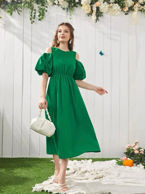 Cold Shoulder Ruched Puff Sleeve Solid Dress
