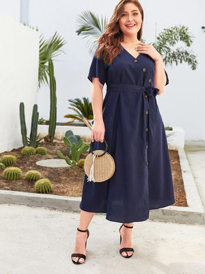 Button Down Self Belt Plus Size Dress