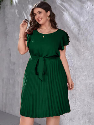 Pleated Hem Ruffle Sleeve Self Belt Plus Size Dress