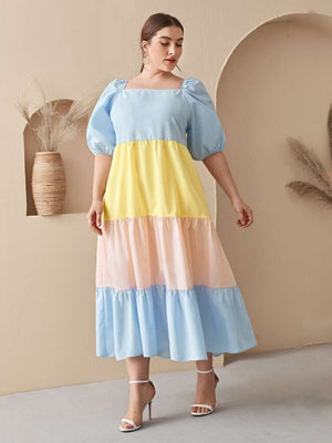 Color Block Square Neck Puff Sleeve Plus Size Babydoll Smock Dress