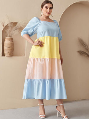 Color Block Square Neck Puff Sleeve Plus Size Babydoll Smock Dress