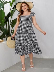 Square Neck Ruffle Sleeve Plaid Pattern Flounce Plus Size Dress