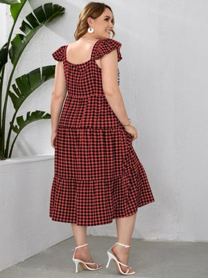 Square Neck Ruffle Sleeve Plaid Pattern Flounce Plus Size Dress