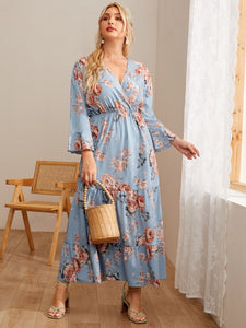 Long Sleeve Surplice V-neck Flounce Hem Floral Plus Size Dress