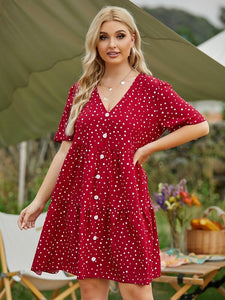 Polka Dot Front Button V-neck Plus Size Babydoll Smock Dress