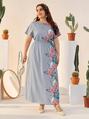 Elegant Floral Garter Batwing Sleeve Plus Size Dress
