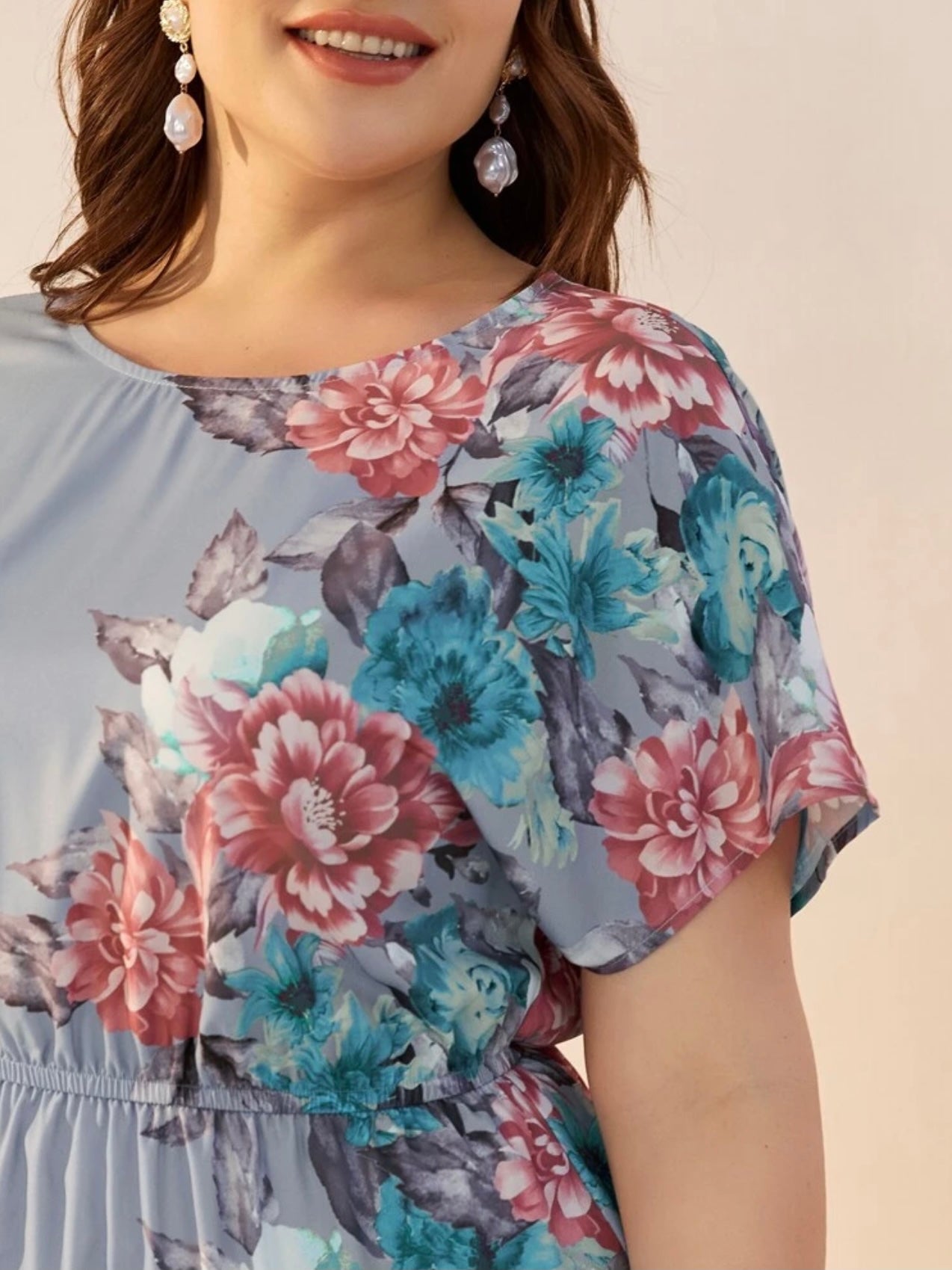 Elegant Floral Garter Batwing Sleeve Plus Size Dress