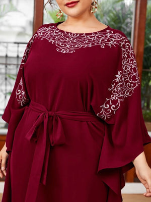 Embroidery Upper Batwing Sleeve Self Belt Plus Size Dress