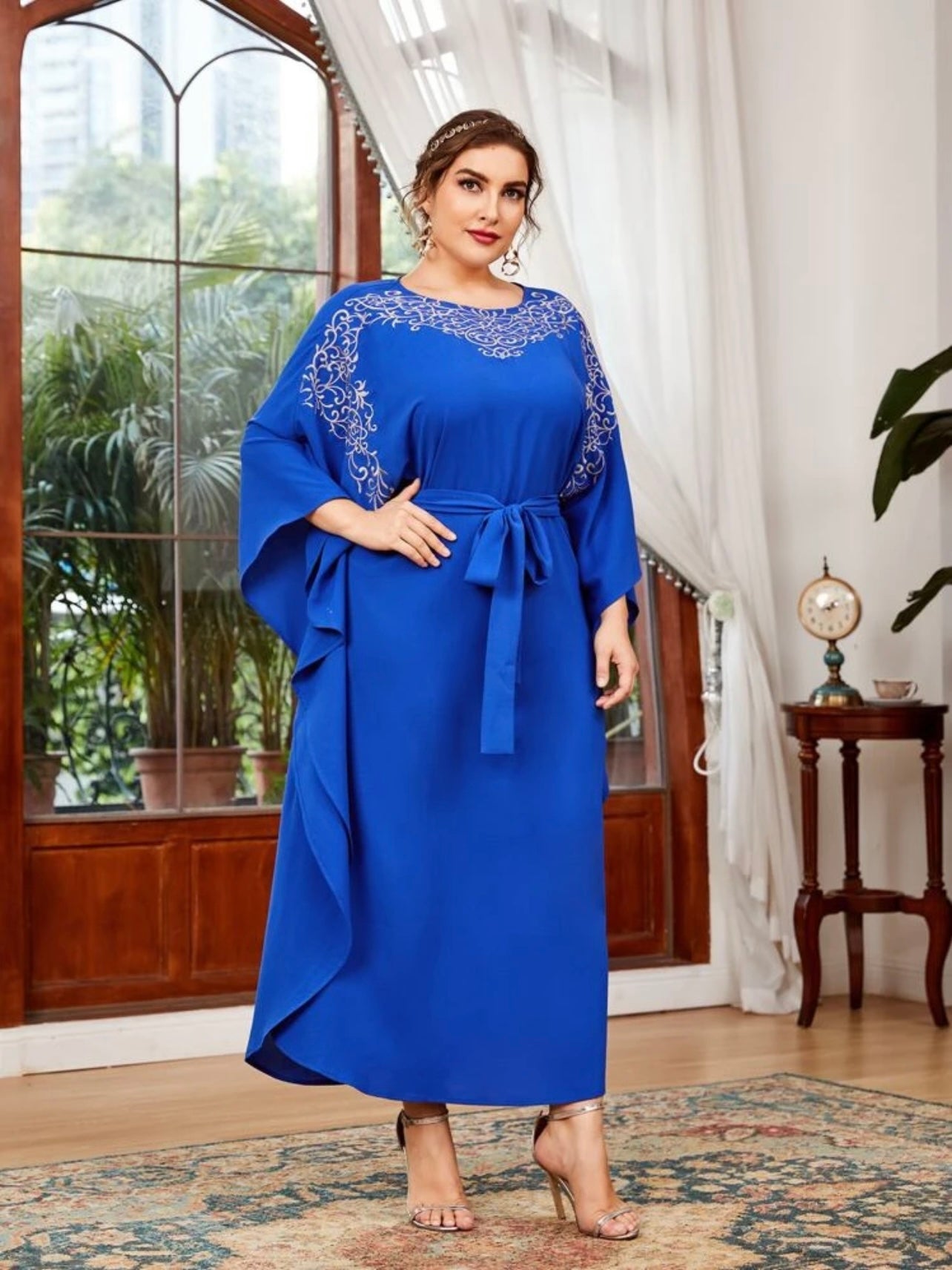 Embroidery Upper Batwing Sleeve Self Belt Plus Size Dress