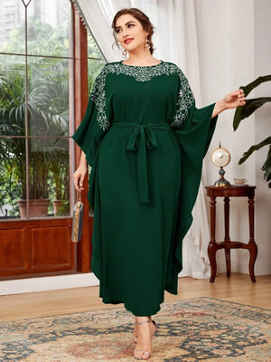 Embroidery Upper Batwing Sleeve Self Belt Plus Size Dress