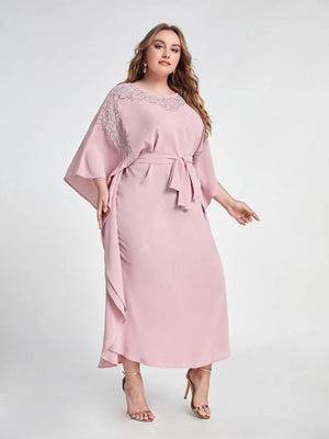 Embroidery Upper Batwing Sleeve Self Belt Plus Size Dress