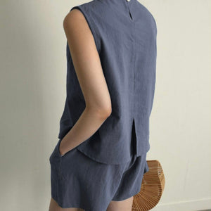 Single Button Top & Side Pocket Back Garter Shorts Terno Set