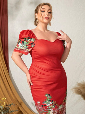 Sweetheart Neckline Elastic Shoulder Vintage Floral Plus Size Dress