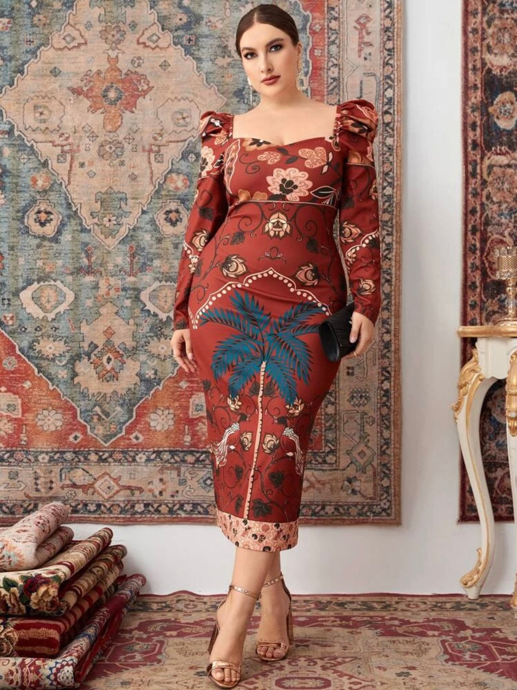 Sweetheart Neck Long Sleeve Floral Plus Size Dress