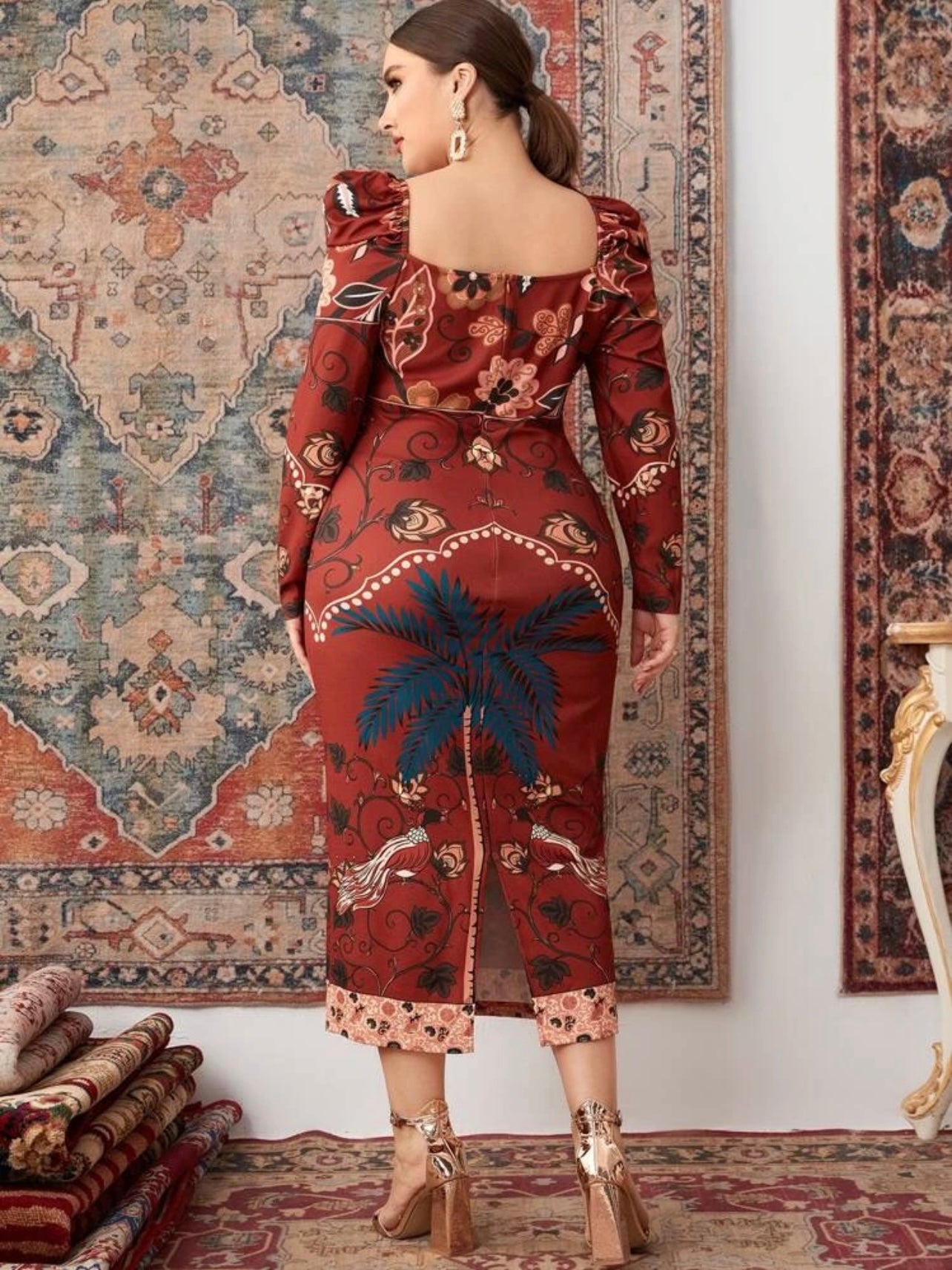 Sweetheart Neck Long Sleeve Floral Plus Size Dress