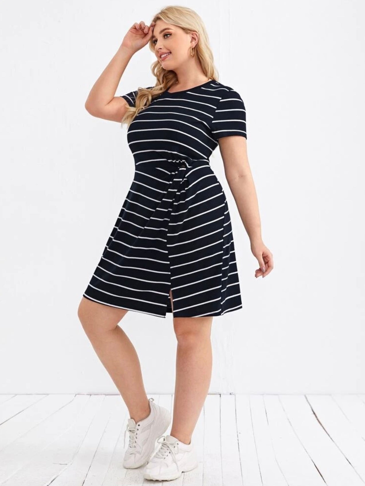 Knitted Cotton Stripe Bowknot Design Side Split Plus Size Dress