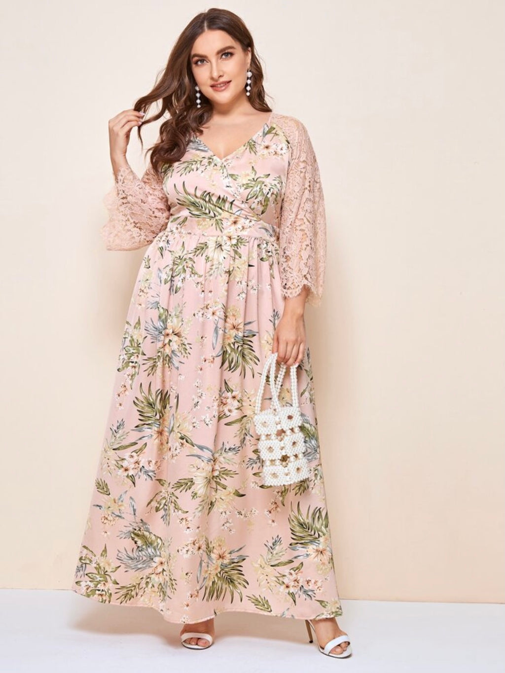 Premium Collection Surplice V-neck Embroidery Lace Sleeve Plus Size Dress