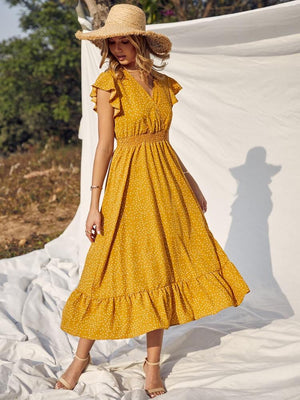 Polka Dots Shirred Waist Ruffle Surplice Dress