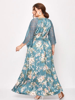 Premium Collection Surplice V-neck Embroidery Lace Sleeve Plus Size Dress