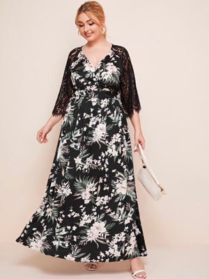 Premium Collection Surplice V-neck Embroidery Lace Sleeve Plus Size Dress