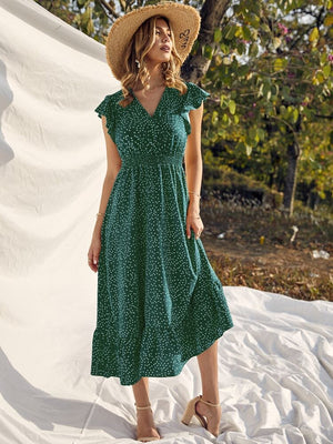 Polka Dots Shirred Waist Ruffle Surplice Dress