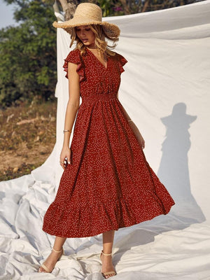 Polka Dots Shirred Waist Ruffle Surplice Dress