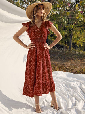 Polka Dots Shirred Waist Ruffle Surplice Dress