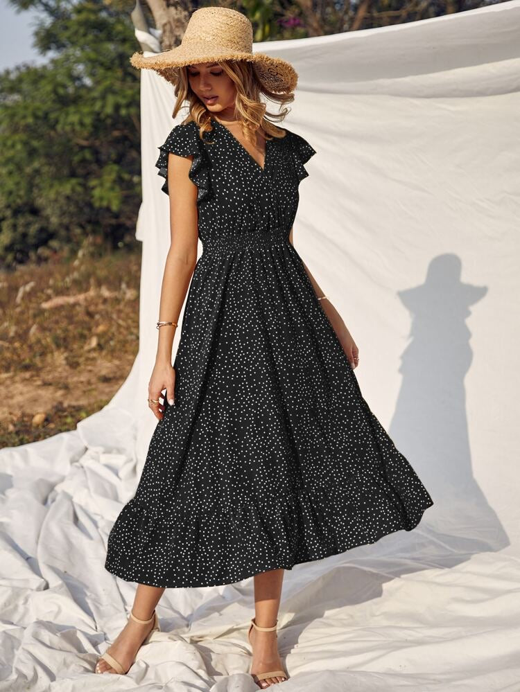 Polka Dots Shirred Waist Ruffle Surplice Dress