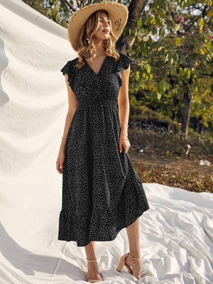 Polka Dots Shirred Waist Ruffle Surplice Dress