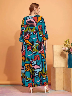 Multi Floral Fun Print V-neck Trumpet Mid-sleeve Triple Flounce Plus Size Long Dress