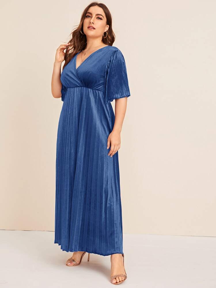 Pleated Velvet Surplice Plus Size Dress