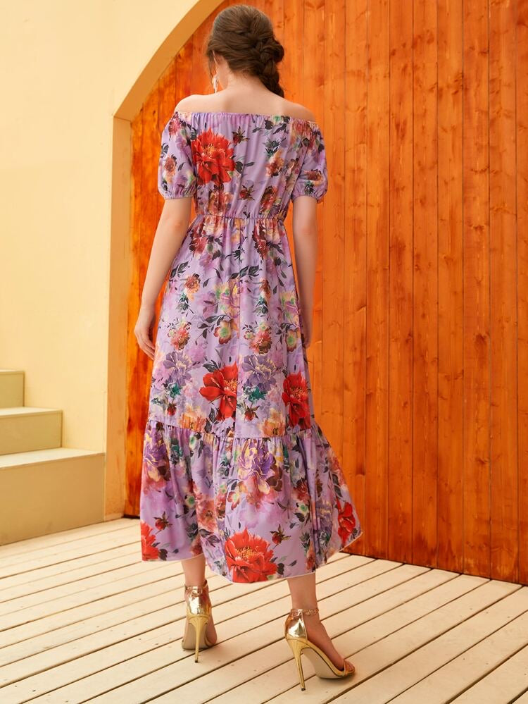 Off Shoulder Elastic Sleeve Flounce Hem Floral Dress
