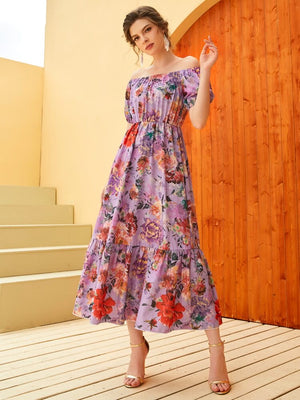 Off Shoulder Elastic Sleeve Flounce Hem Floral Dress