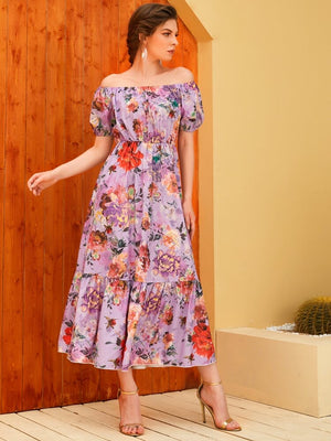 Off Shoulder Elastic Sleeve Flounce Hem Floral Dress