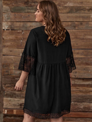 Embroidery Lace Sleeve Hem V-neck Solid Plus Size Babydoll Dress