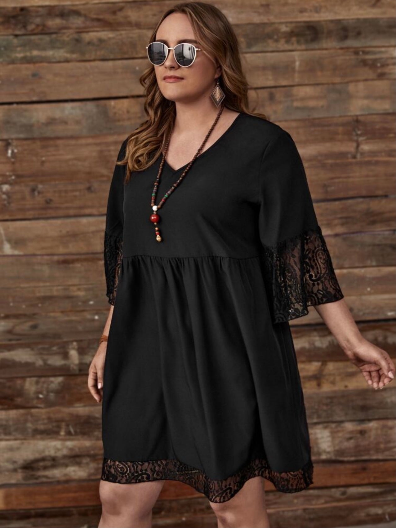 Embroidery Lace Sleeve Hem V-neck Solid Plus Size Babydoll Dress