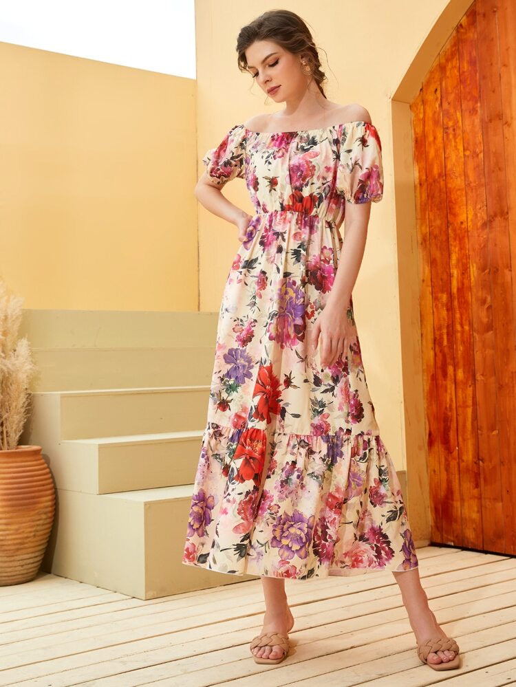 Off Shoulder Elastic Sleeve Flounce Hem Floral Dress