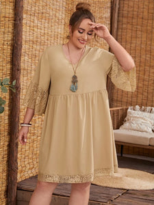 Embroidery Lace Sleeve Hem V-neck Solid Plus Size Babydoll Dress