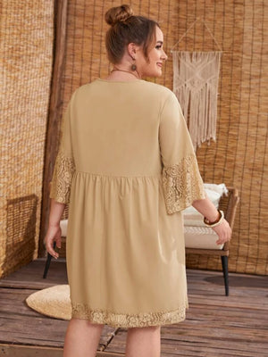 Embroidery Lace Sleeve Hem V-neck Solid Plus Size Babydoll Dress