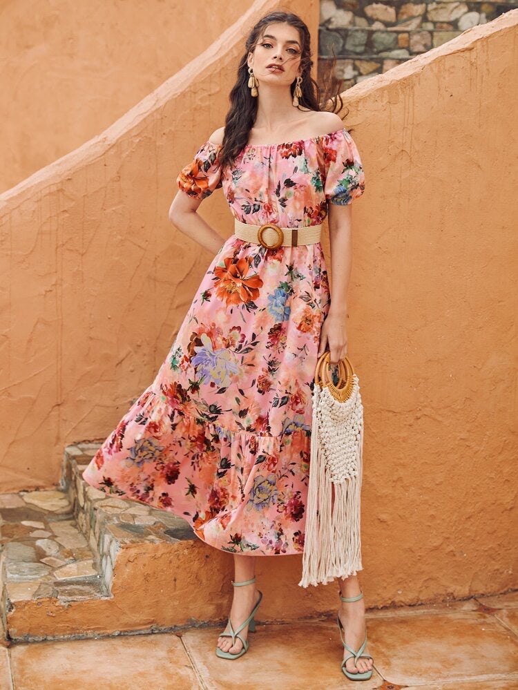 Off Shoulder Elastic Sleeve Flounce Hem Floral Dress